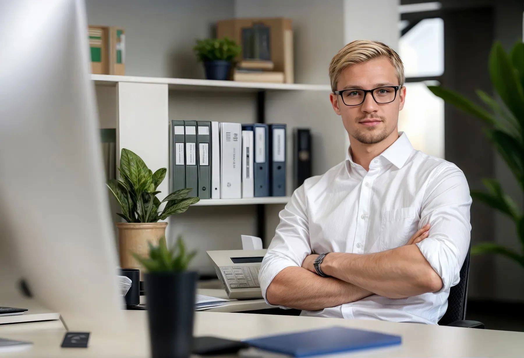 A confident professional at their desk at Grand Water Offices.